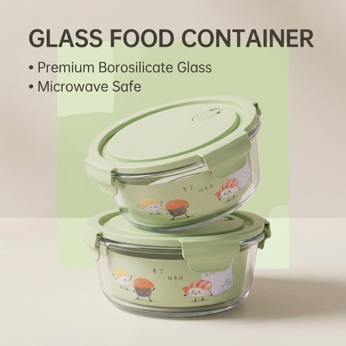 Food Storage Glass Round - Green Cartoon Pattern Round Glass Lunch